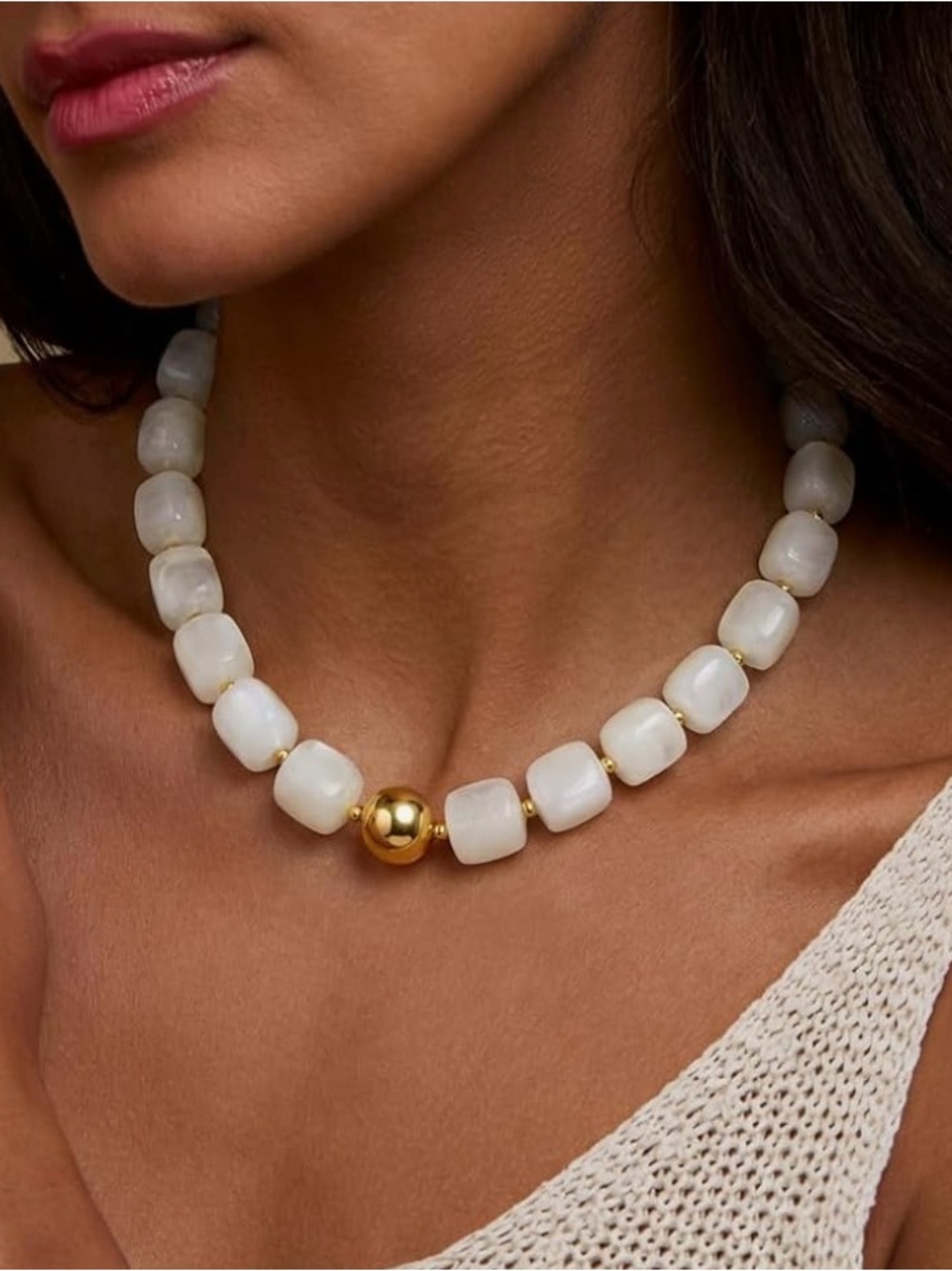 NEW White Beaded Necklace with Gold Accent